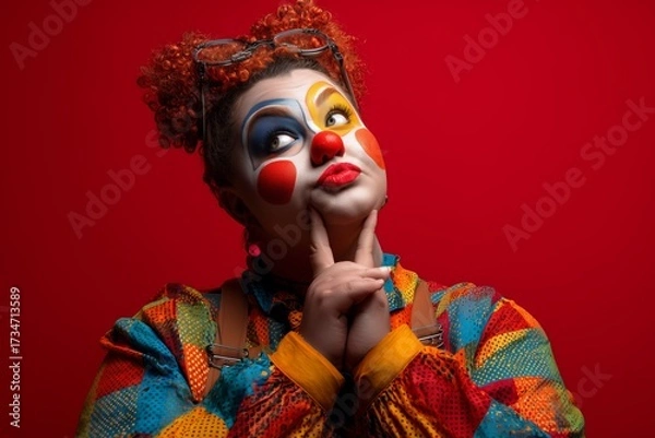 Fototapeta Clown woman in colorful costume with red nose thinking on red background