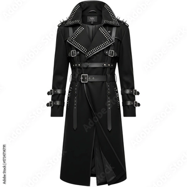 Fototapeta Gothic long black trench coat with buckles and straps isolated on transparent background