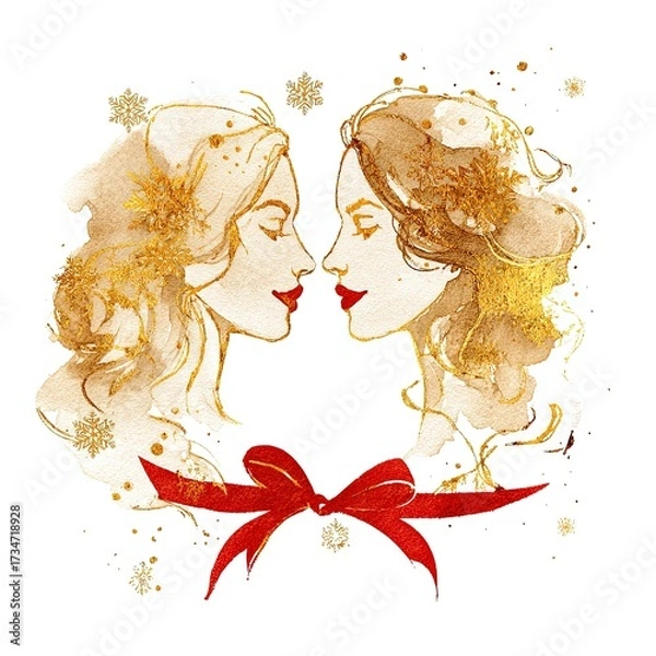 Fototapeta Watercolor Gemini sign with elegant twin figures in soft tones