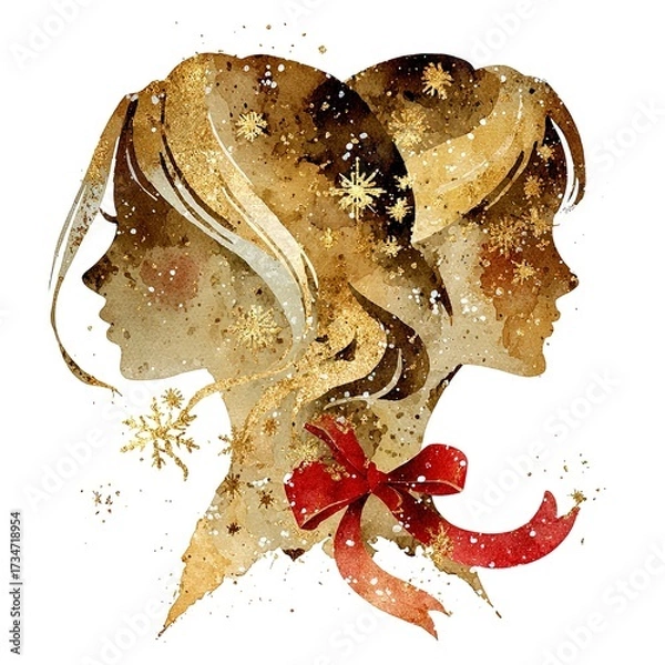 Fototapeta Golden Gemini zodiac twins with festive ribbon and snowflakes