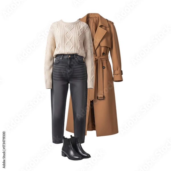 Fototapeta Women s casual outfit with sweater jeans and trench coat isolated on transparent background