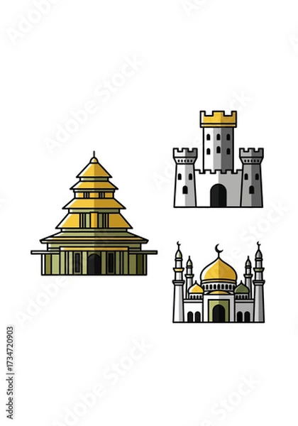 Fototapeta Flat Cartoon World Architecture Landmark Buildings Icons Set