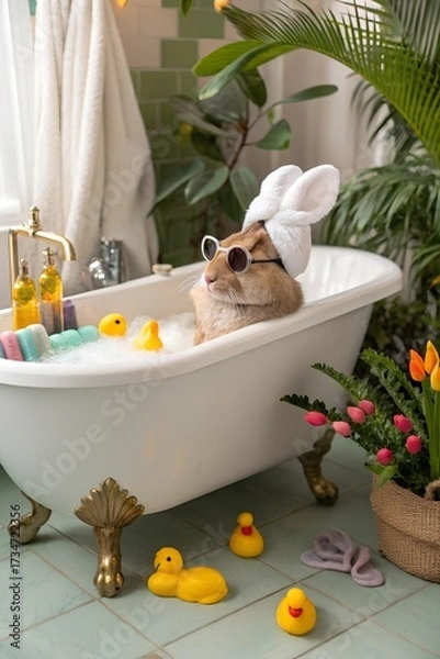 Fototapeta A cute brown rabbit relaxes in a vintage bathtub filled with bubbles. The rabbit wears sunglasses and a towel on its head. Rubber ducks and colorful towels are nearby.
