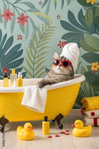 Fototapeta A relaxed tabby cat sits in a yellow bathtub wearing red sunglasses and a white towel. The background features tropical plants and bath accessories.