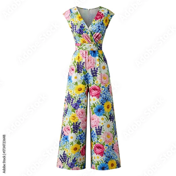 Fototapeta Colorful floral print wide leg jumpsuit isolated on transparent background