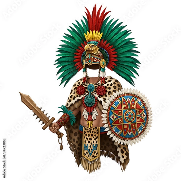 Fototapeta Aztec warrior with feathered headdress sword and shield isolated on transparent background