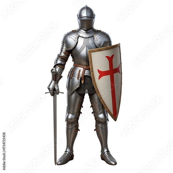Fototapeta Medieval knight in full armor with sword and shield isolated on transparent background