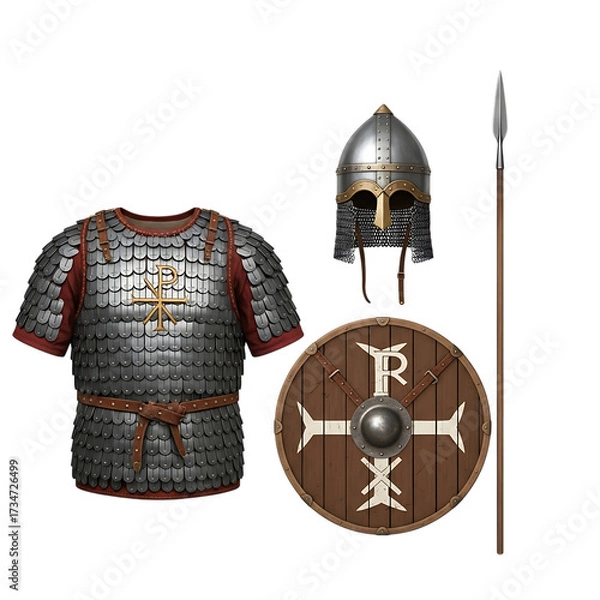 Fototapeta Ancient roman soldier armor helmet shield and spear isolated on transparent background