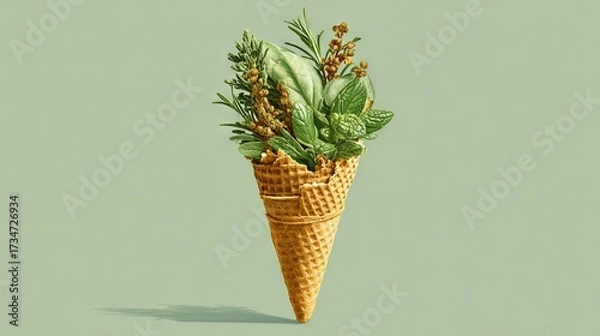 Fototapeta   A photo of an ice cream cone with a plant inside, set against a light green backdrop and featuring a shadow below