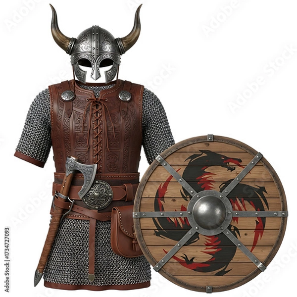 Fototapeta Viking warrior bust with axe and shield isolated on transparent background