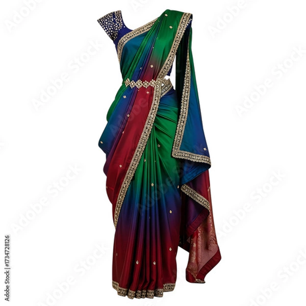 Fototapeta Colorful indian sari with decorative belt isolated on transparent background