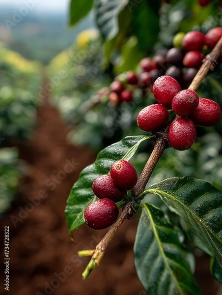 Fototapeta Close-up of ripe red coffee cherries covered in water droplets on a branch with green leaves, set against a blurred background of a coffee plantation