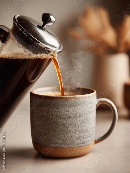 Fototapeta Rich, dark coffee is poured from a clear French press into a textured, two-toned ceramic mug, with steam gracefully rising, creating a warm and inviting morning scene