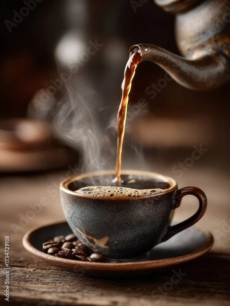 Fototapeta Hot, freshly brewed coffee is being poured from an ornate pot into a rustic ceramic cup, with steam gently rising and roasted coffee beans resting on the saucer, all set on a warm wooden surface