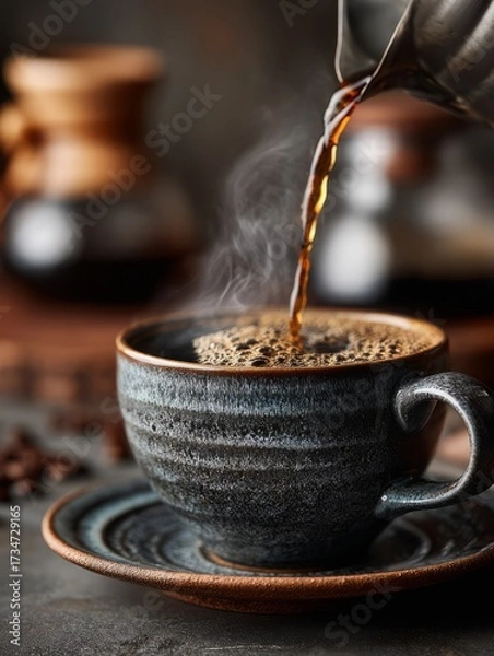 Fototapeta Freshly brewed coffee is poured into a rustic ceramic cup, creating a rich crema and rising steam, with scattered coffee beans nearby, suggesting a cozy morning ritual