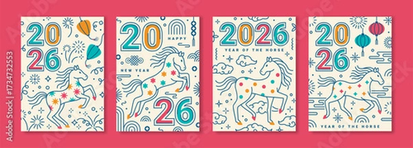 Fototapeta Chinese Happy New year 2026 Horse poster set. Outline China icons banner. Vector illustration. Lunar holiday pattern, linear background. Line asian clouds, ornament card. Japanese Christmas party menu