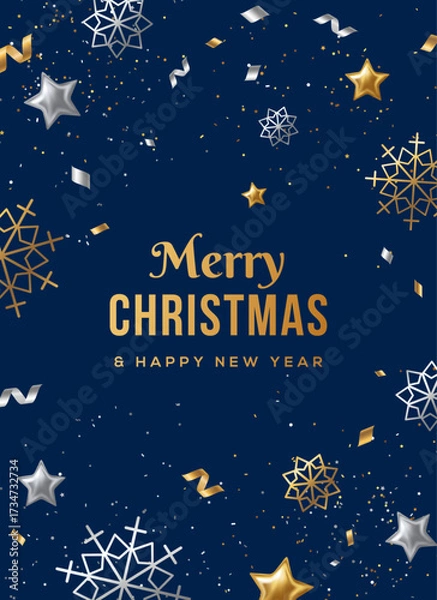 Fototapeta Merry Christmas blue greeting card. Vector illustration. Winter holiday pattern flyer banner template. Xmas snow confetti poster. Snowflake gold silver border frame. 2026 Happy New year decor element