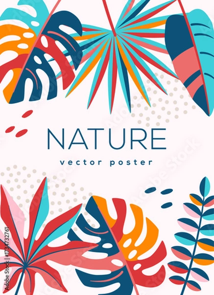 Fototapeta Summer colorful banner poster, palm beach abstract tropical leaves. Vector illustration. Jungle exotic flyer, nature brochure template. Place for text. Beach bar menu background, tropic wallpaper