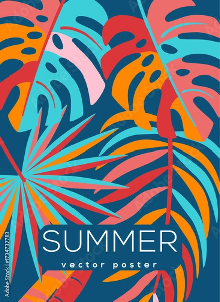 Fototapeta Trendy summer poster, abstract vertical tropic template. Jungle leaves colorful elements. Vector illustration, tropical beach bar menu fashion background. Social media cover. Hawaiian banner design
