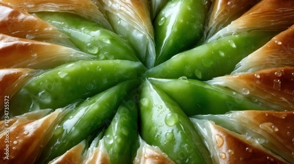 Obraz A stunning close-up of a beautifully arranged green baklava, showcasing the intricate layers of pastry, and glistening syrup that enhance its alluring aesthetic appeal.