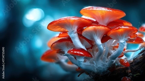Obraz A stunning capture of vibrant red mushrooms growing in a forest setting, illustrating the beauty of nature and the intricate details of fungi in a colorful environment.