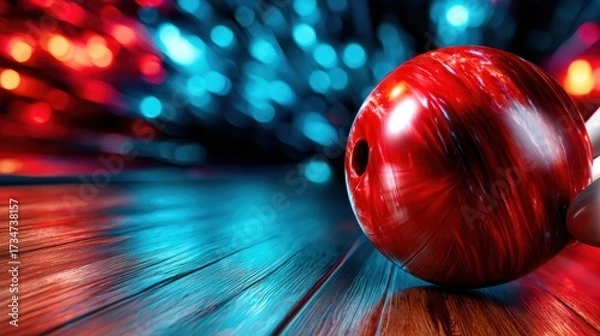 Obraz A vibrant red bowling ball rests on a beautifully polished wooden bowling lane, illuminated by colorful lights creating a festive atmosphere of excitement.