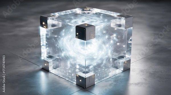 Fototapeta Hovering cubic energy core with transparent surfaces and glowing pulsating energy above reflective platform.