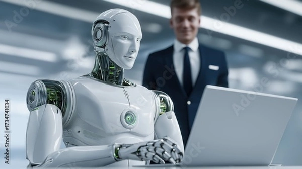 Fototapeta Young man in suit standing in awe, admiring humanoid robot’s work at futuristic desk with glowing laptop.
