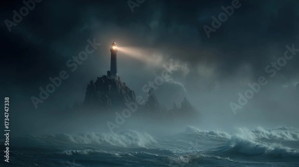 Fototapeta A striking photo of a lonely lighthouse on steep rocks, piercing the thick fog with a beam of light, with dramatic waves crashing below, a dark romantic atmosphere
