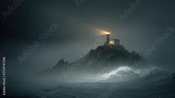 Fototapeta A striking photo of a lonely lighthouse on steep rocks, piercing the thick fog with a beam of light, with dramatic waves crashing below, a dark romantic atmosphere
