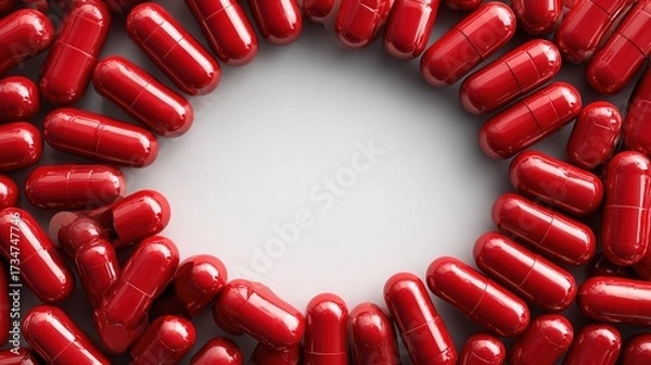 Fototapeta   Red capsules in a circle on white surface with center white circle