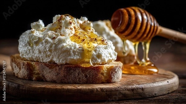 Fototapeta   Bread atop wooden board with honey drizzle beside it