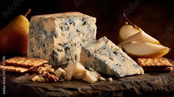 Fototapeta   A cheese platter with crackers and an apple on a table