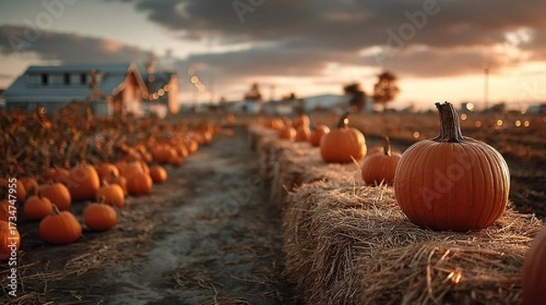 Fototapeta   A field brimming with numerous pumpkins placed atop a haystack near a farmhouse