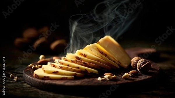 Fototapeta   A wooden board with cheese and nuts, next to steaming tea