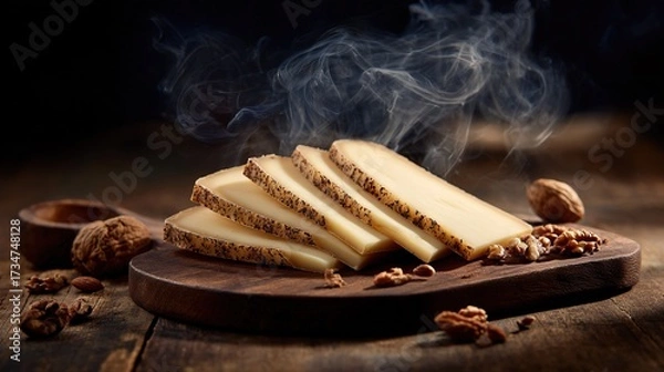 Fototapeta   A pile of cheese on a wooden cutting board with walnuts and a cup of coffee nearby