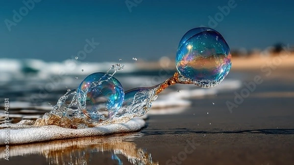 Fototapeta   A pair of glasses rests atop a sandy seashore beside the vast ocean, with tiny bubbles erupting from their lenses