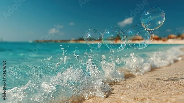 Fototapeta   A cluster of air bubbles bobbing above a sandy shore beside a tranquil waterway on a radiant afternoon