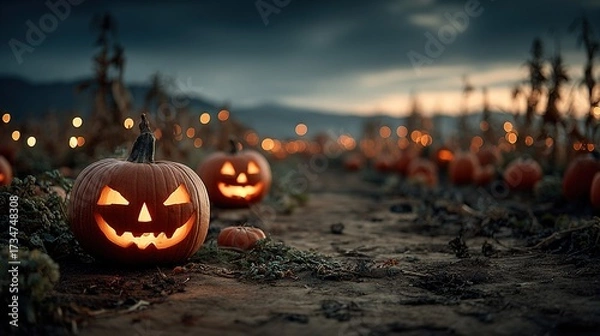 Fototapeta   Two Jack O' Lantern pumpkins perched atop a green field, illuminated by glowing lights nearby
