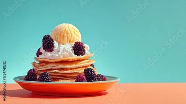Fototapeta   A stack of pancakes sits atop a bowl brimming with fresh berries and whipped cream