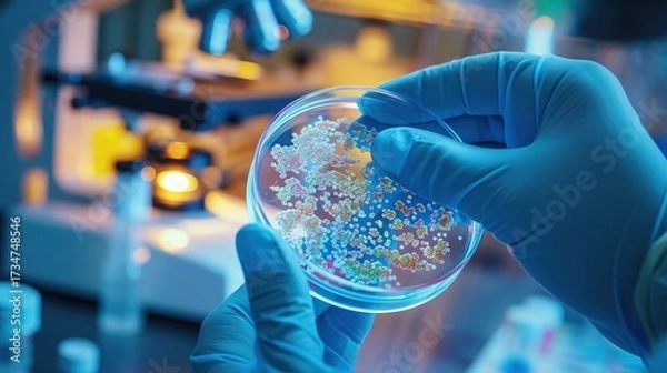 Fototapeta   A close-up image of a researcher in a lab carefully handling a Petri dish filled with various substances