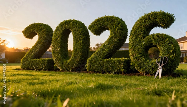 Fototapeta Green hedge trimmed into numbers 2026 on lawn with scissors and hose, symbolizing sustainable future, growth, environmental care, and the balance between nature, planning, and human creativity.