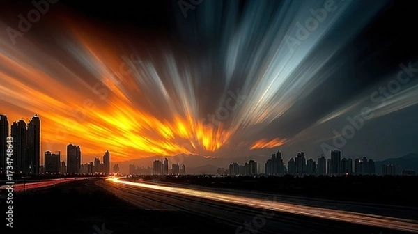 Fototapeta   A stunning view of a city at night with long light streaks in the sky and buildings in the backdrop