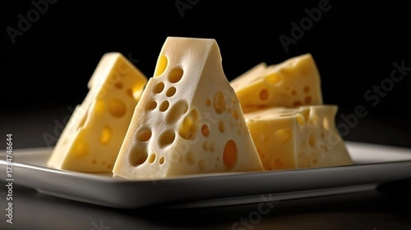 Fototapeta   A black table with two white plates, each featuring sliced cheese