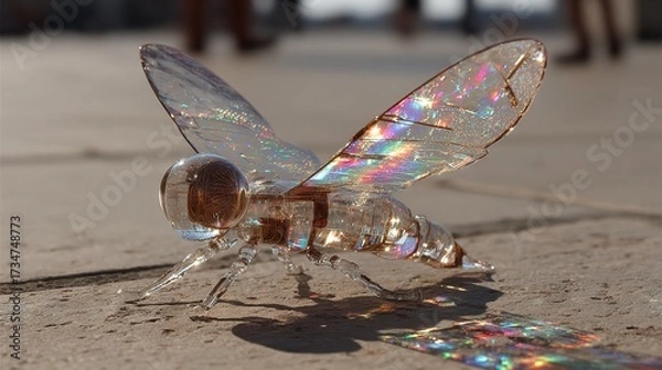 Fototapeta   A close-up of a toy insect on the ground with light reflecting off its back legs