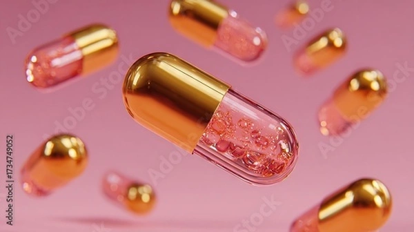 Fototapeta   Close-up image of pink-and-gold pill surrounded by gold pills on pink background