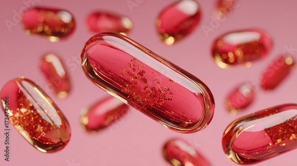 Fototapeta   A collection of pink pills with gold specks suspended in mid-air against a backdrop of pink and gold specks