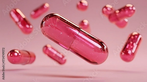 Fototapeta   A pink pill, surrounded by pink pills, flies in front of a pink background
