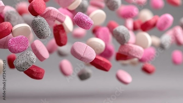 Fototapeta   A group of pink, grey, and white pills suspended in mid-air with pink and grey pills intermingled