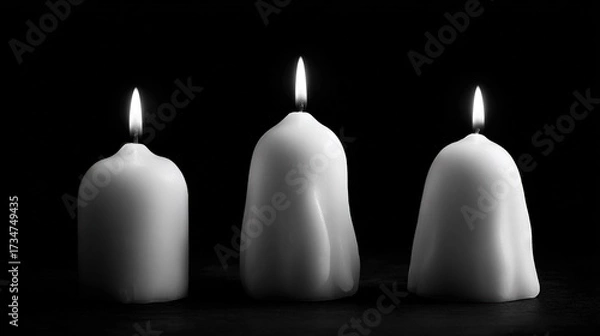 Fototapeta   Three white candles arranged together on a black background with a black surface